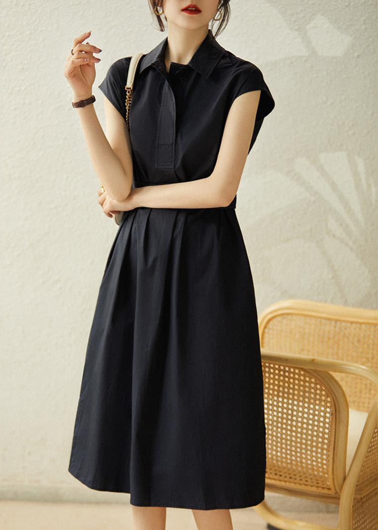 Robe longue cintrée en coton bleu marine chic pour l'été TL006