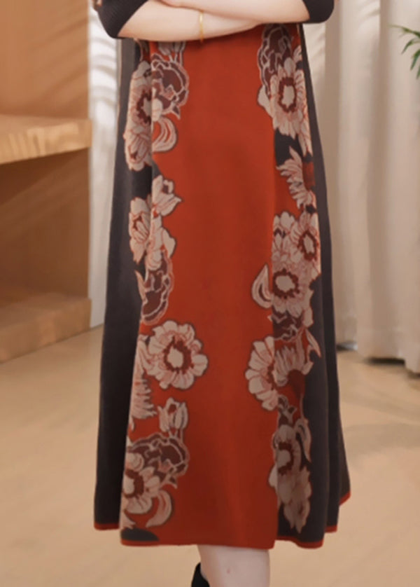 Robe longue en tricot orange chic à col rond et imprimé confortable pour l'hiver RF001
