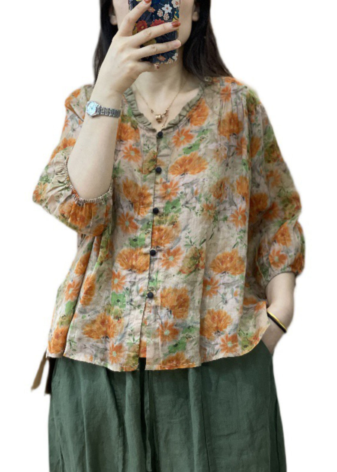 Chic Orange Print Ruffled Patchwork Button Shirt Long Sleeve GH1084
