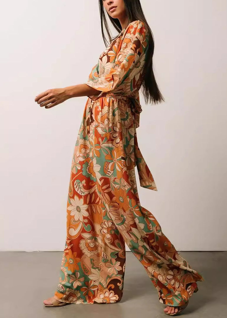 Schicker orangefarbener Jumpsuit mit V-Ausschnitt und Schnürung, halbe Ärmel, AU1009