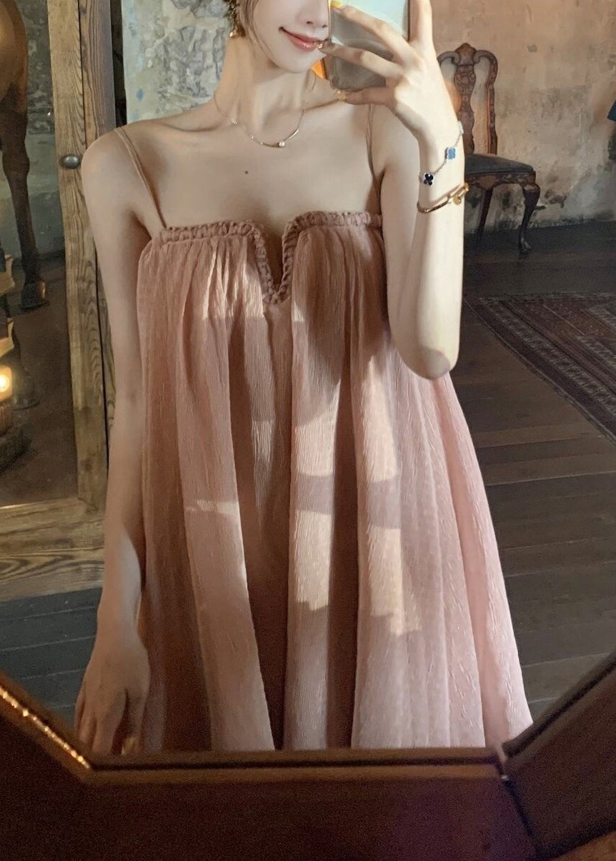 Robe en tulle froissée d'été rose chic à bretelles spaghetti