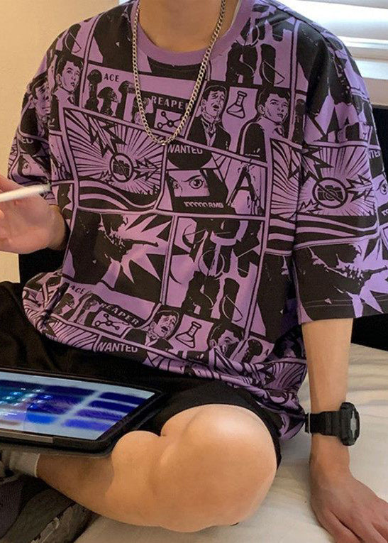Print Chic Männer Shirts Baumwolle Hals T Lila Sommer O