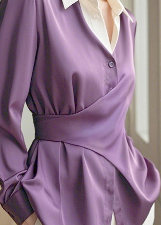 Asymmetrical Collar Chic Design Silk Pan Purple Peter Shirts