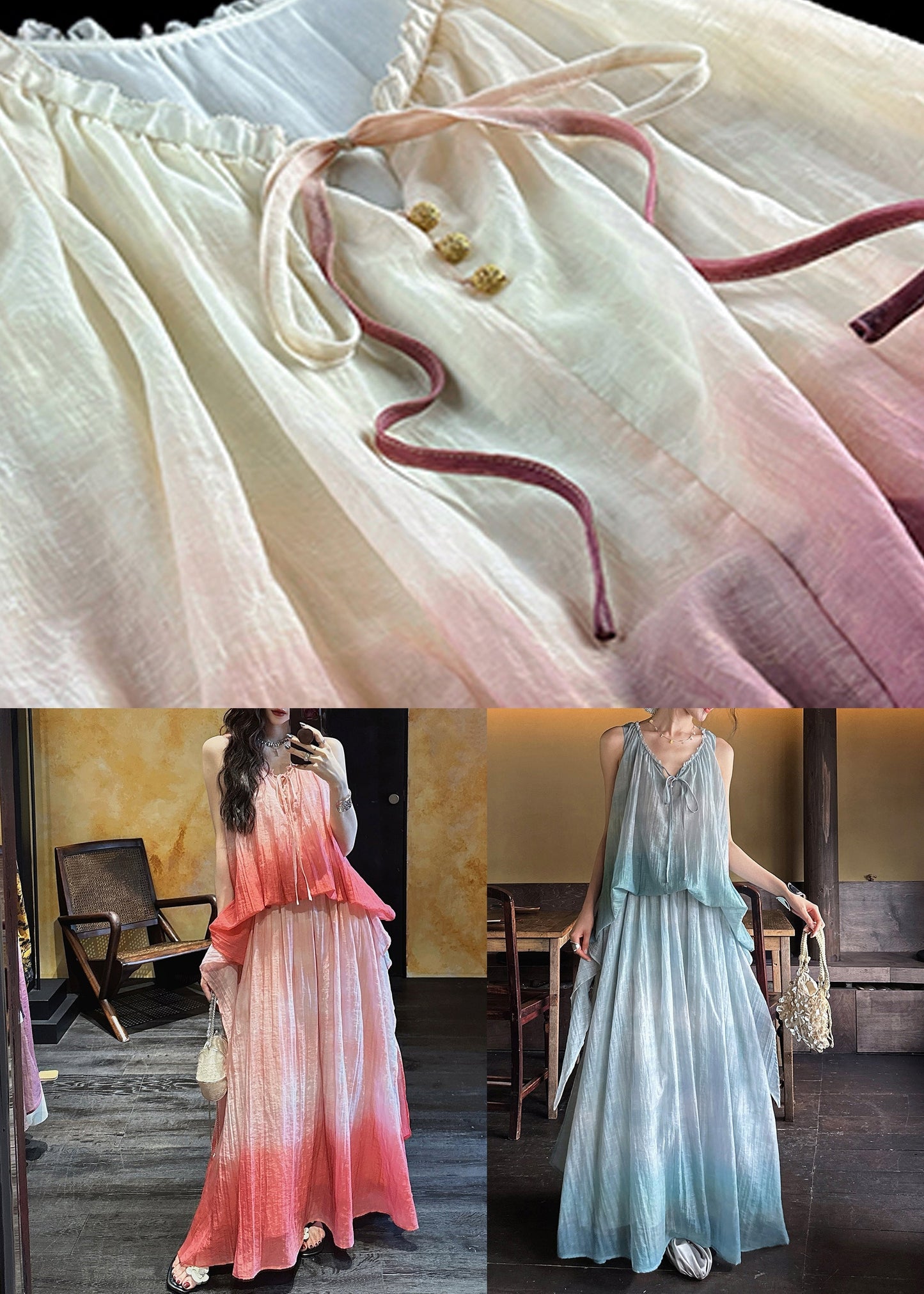 Silk Linen Purple Chic Two V Dress Pieces Ruffled False Neck