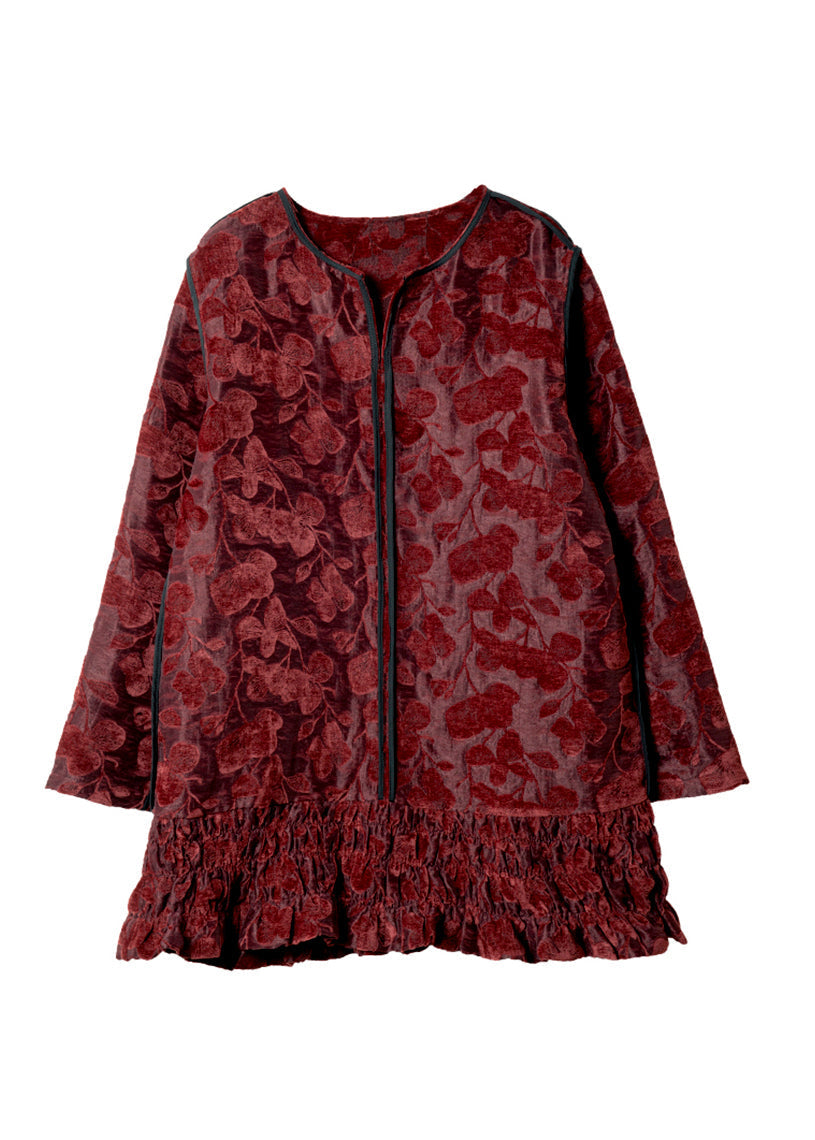 Schickes rotes O-Ausschnitt-Rüschen-Patchwork-Samt-Mittelkleid Frühling RL019