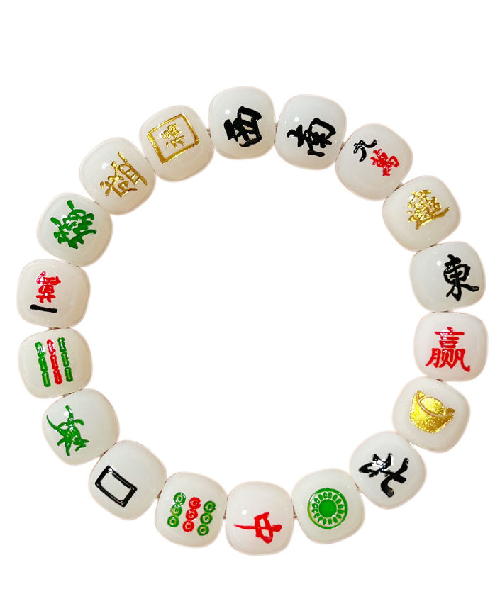 Bracelet en alliage de perles blanches bouddhistes chics avec chaîne Mahjong