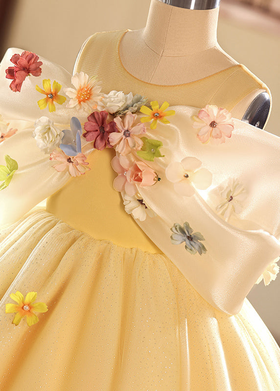 Robe longue jaune chic à col rond et motif floral en tulle pour enfants, tenue d'été YG004