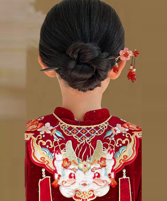 Style Hairpin Floral Woodiness Tassel Chinese Black Alloy