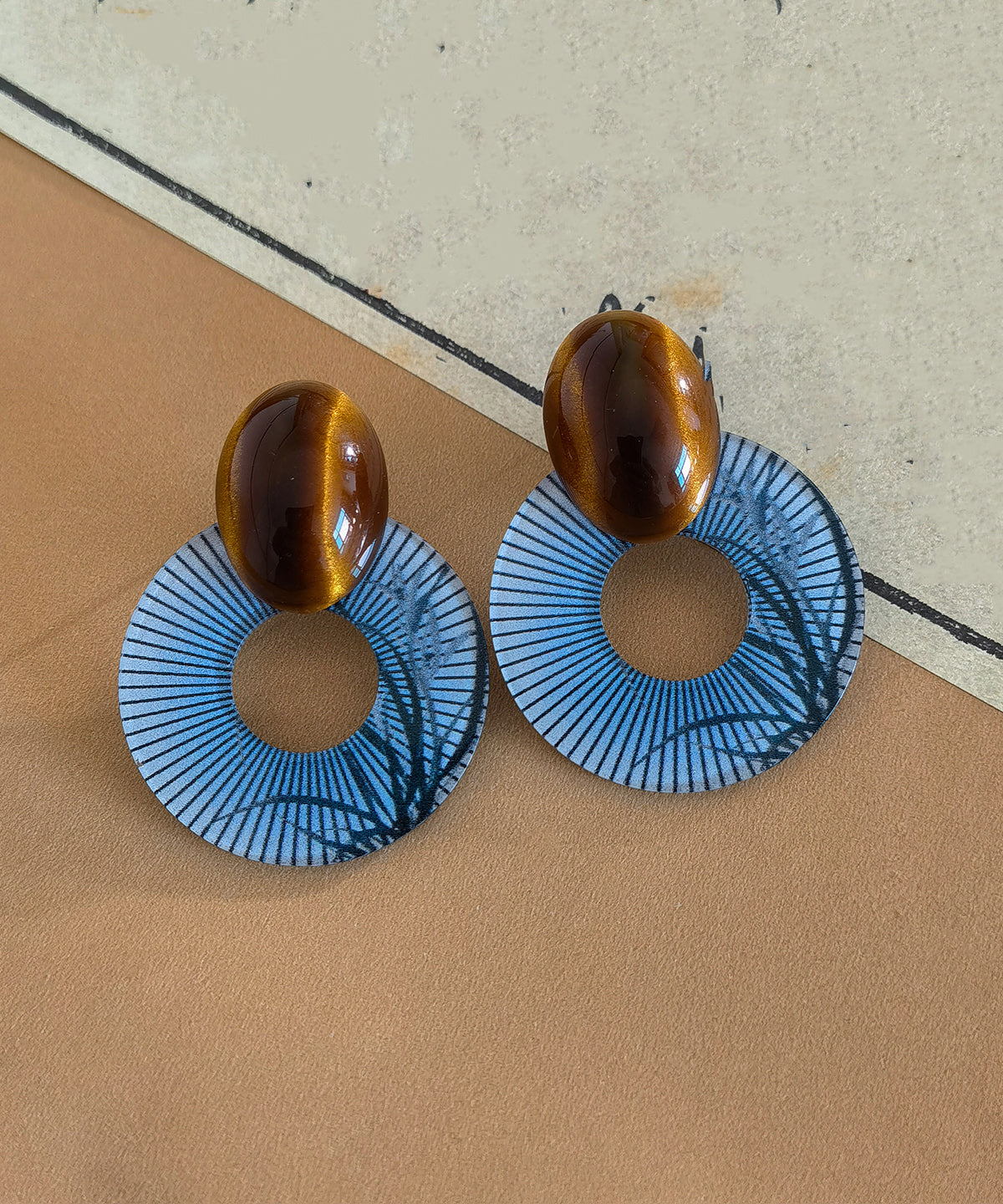 Blue Chinese Style Alloy Amber Earrings Hoop Acrylic