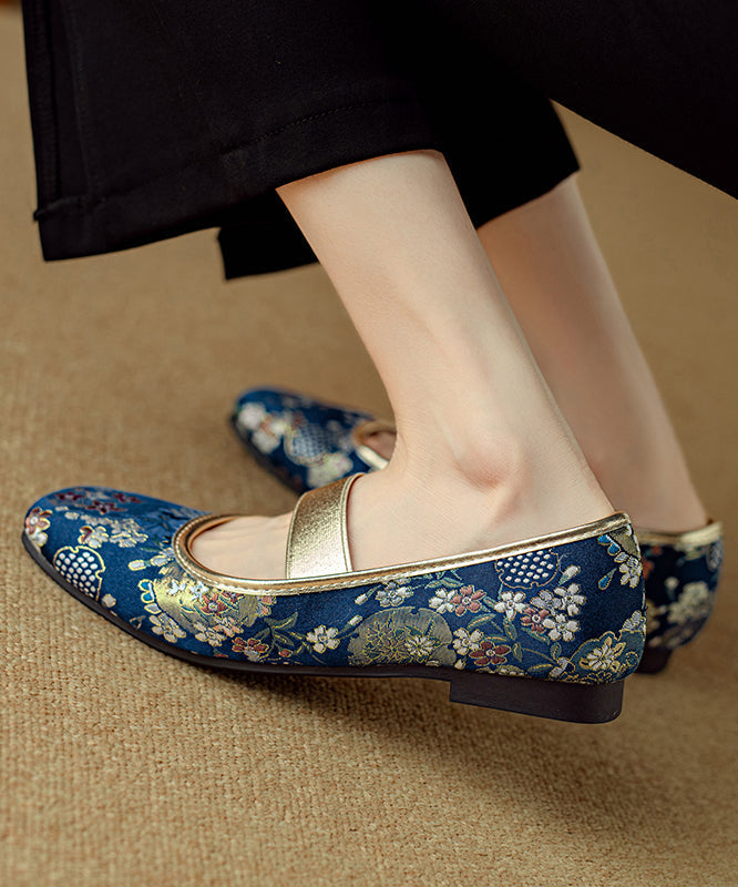 Chaussures plates brodées chinoises bleues pour femmes
