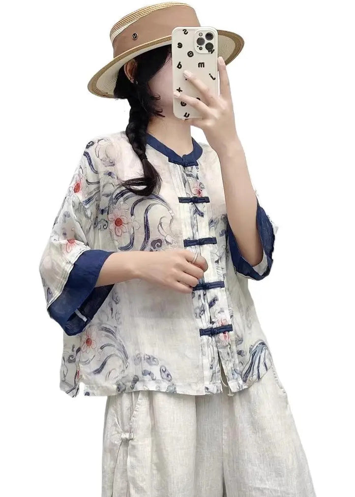 Hemden Sommer Stil Blau Chinesische Leinen Patchwork Druck