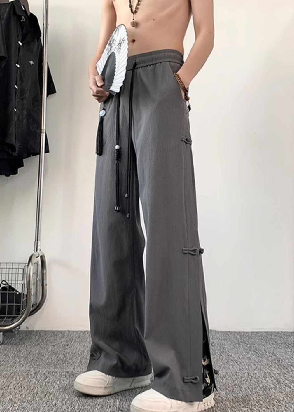 Chinesischen Stil Dunkelgrau Gefälschte Zwei Dünne Ice Silk Männer Hosen Sommer YT055