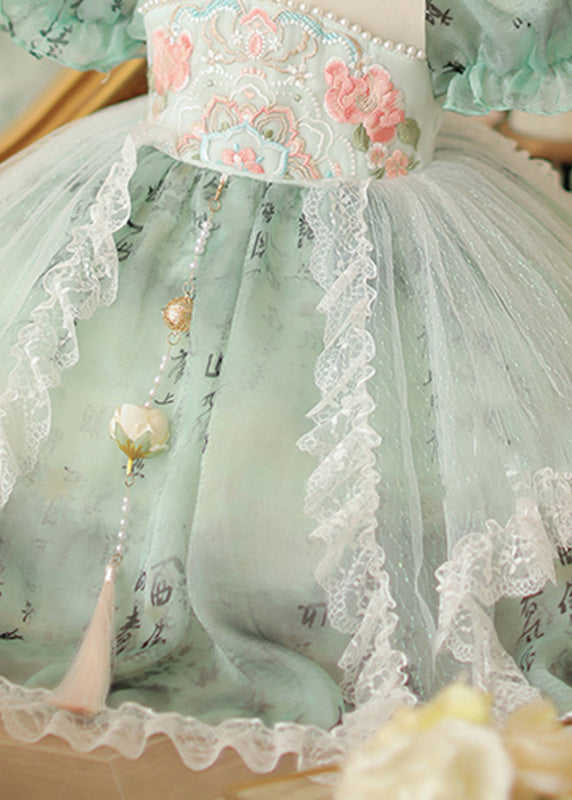 Chinesischen Stil Grün Stehkragen Embroideried Nail Bead Tüll Kinder Langes Kleid Kurzarm YE015