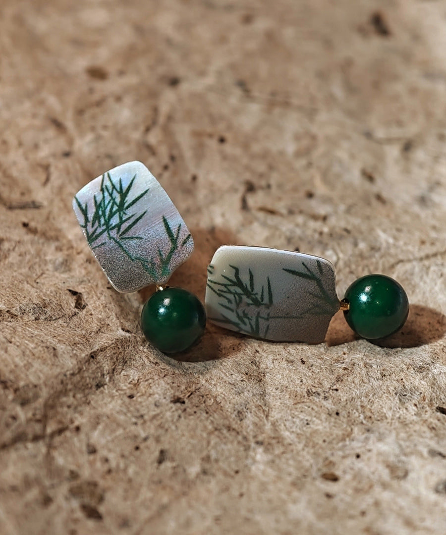 Boucles d'oreilles pendantes en argent sterling surdoré, style chinois, avec agaric vert