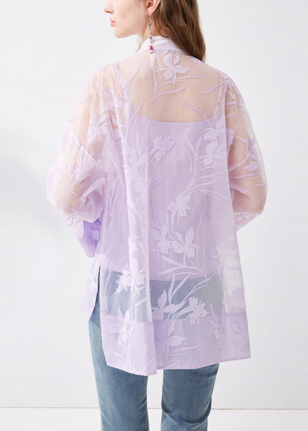Chinese Style Purple Stand Collar Button Silk Two Pieces Set Long Sleeve KK054
