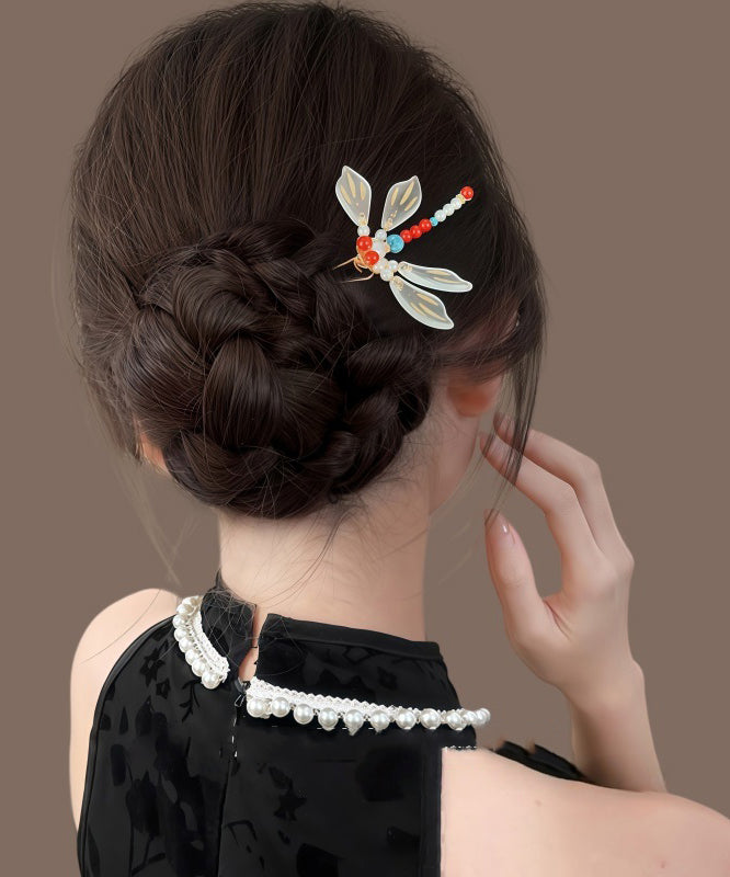 Épingle à cheveux chinoise arc-en-ciel style libellule surdorée en forme de U