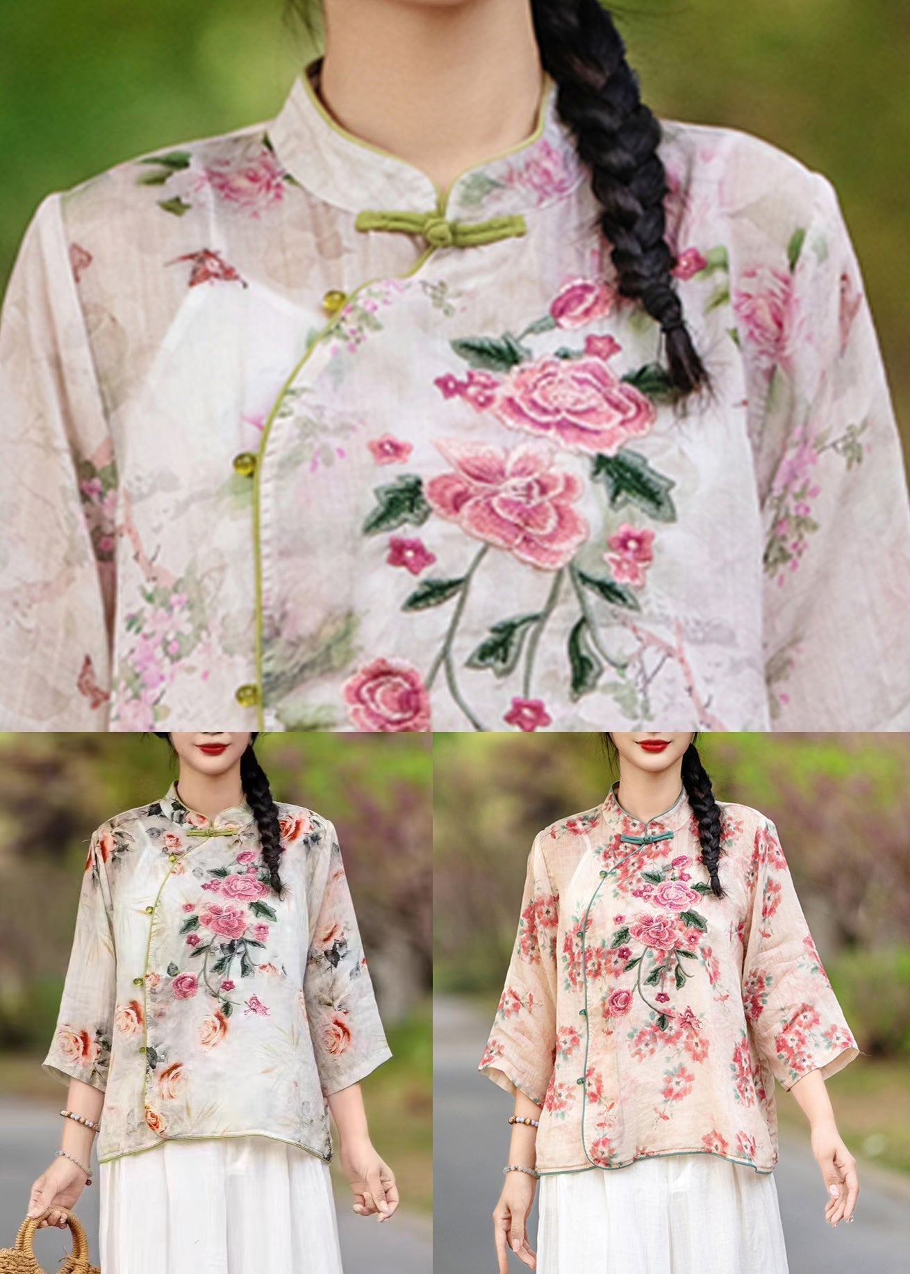 Bracelet Chinese Print Shirt Sleeve Linen Button Style Red