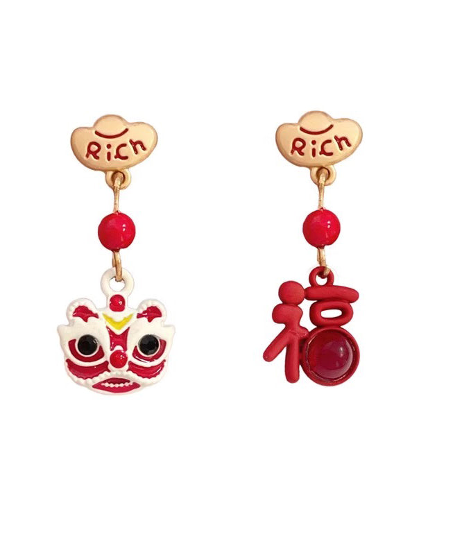 Boucles d'oreilles pendantes asymétriques en alliage d'argent sterling rouge de style chinois, motif lion YD026