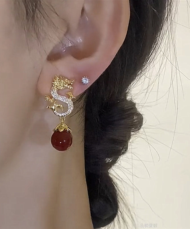 Chinese Style Red Sterling Silver Overgild Zircon Pearl Dragon Shaped Drop Earrings YX013