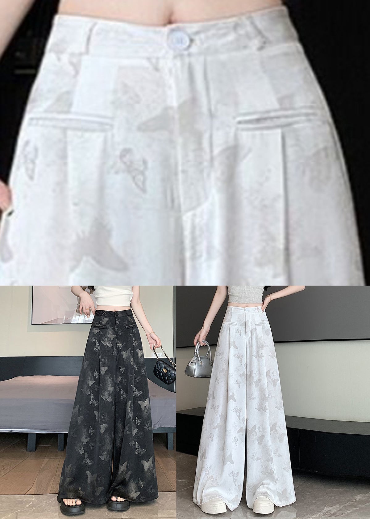 Butterfly Draping Print Floral Pockets Chinese White Style Pants