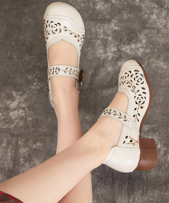 Heel Leather Hollow Chunky Out Splicing Chocolate Cowhide Boho