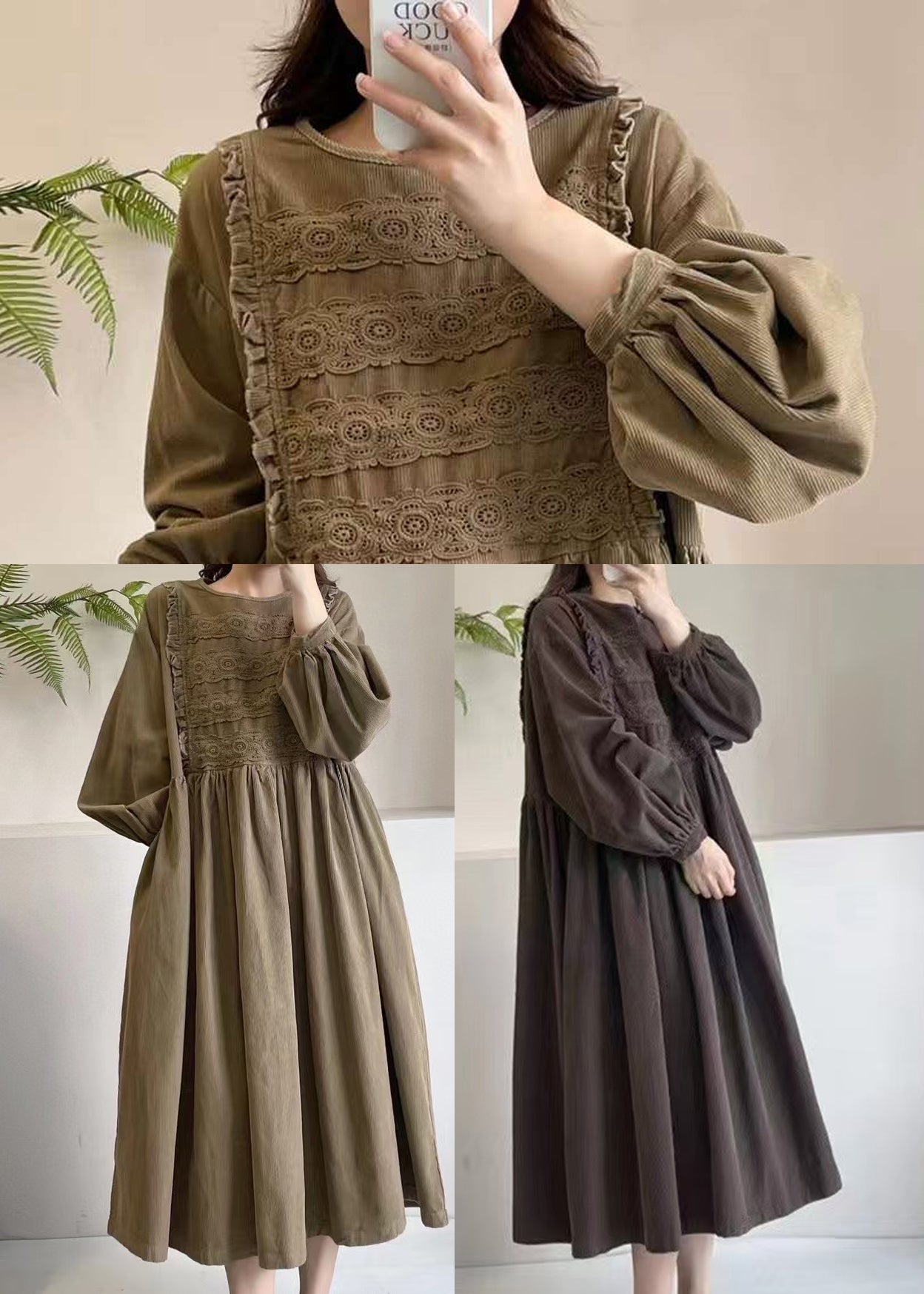 Embroidered Chocolate Exra Hem Spring Corduroy Large Dress