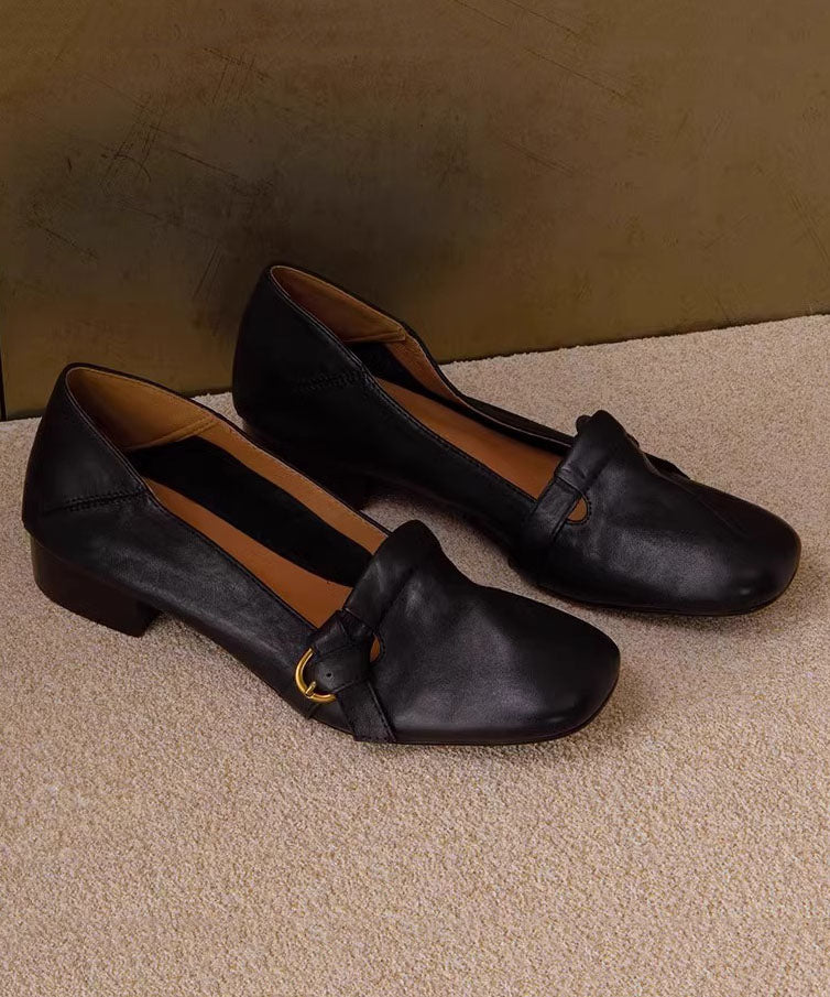 Splicing Black Cowhide Comfy Leather Chunky Shoes Classy