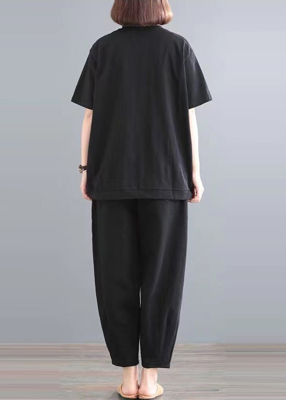 Cotton Summer Classy Oversized Outfits Black Piece Two Set
