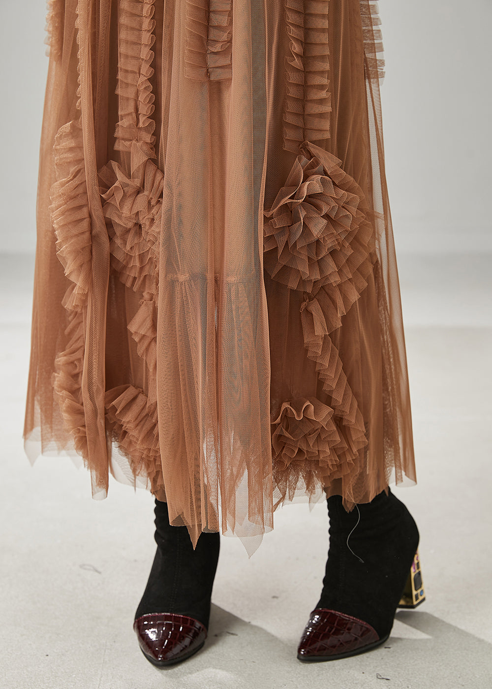 Classy Brown Ruffled Stereoscopic Floral Tulle Skirt Spring YU1063