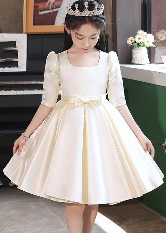 Robe mi-longue en satin champagne à col carré et nœud pour enfant, manches mi-longues, QV015