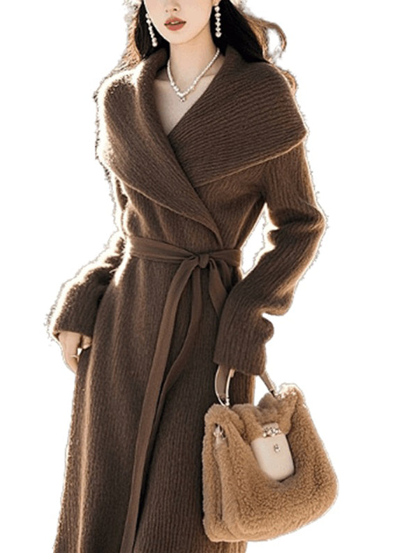 Edler Kaffee Peter Pan Kragen Krawatte Taille Strickpullover Kleid Frühling TN047