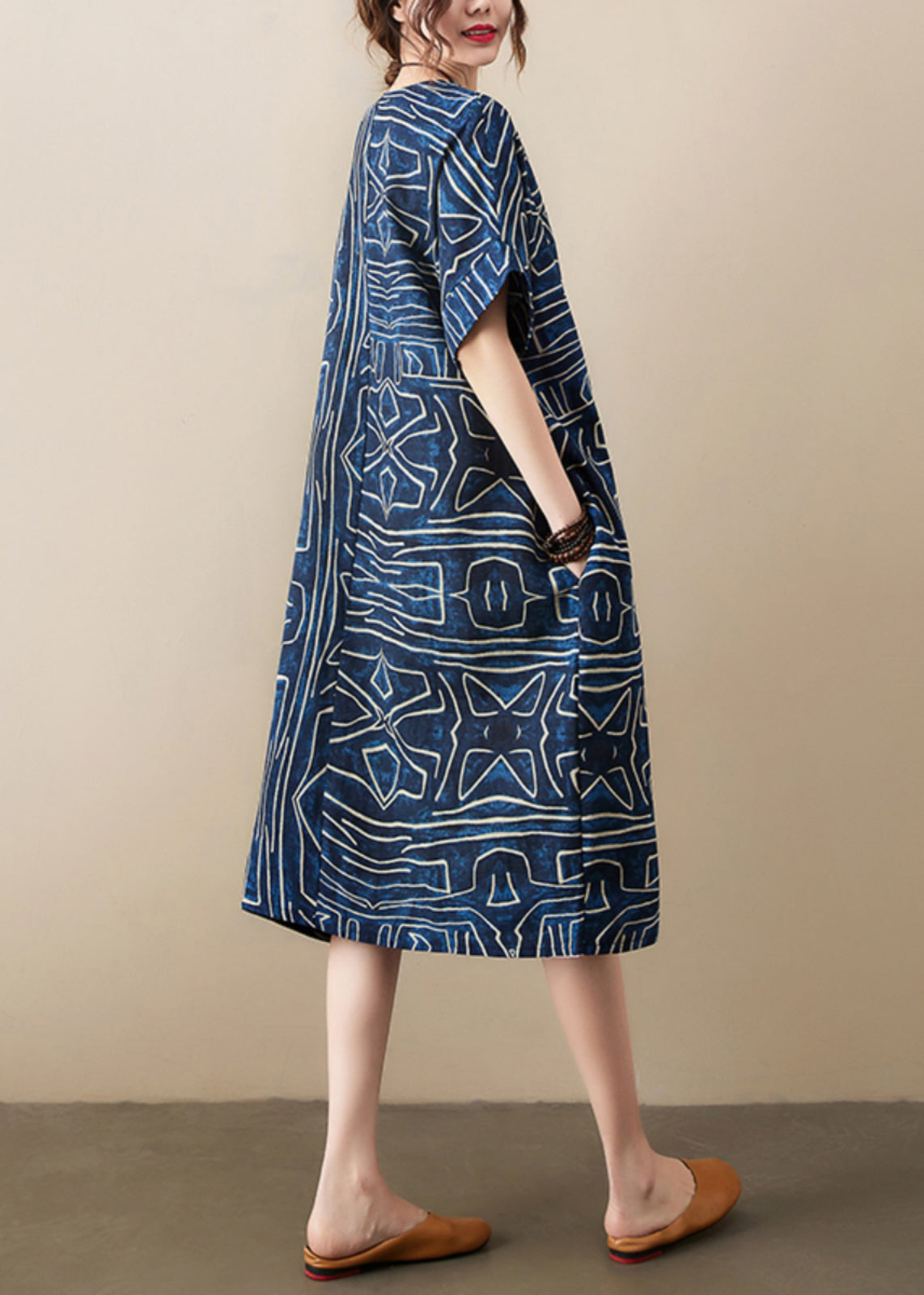Robe Dresses Linen Navy Summer Classy Oversized Print