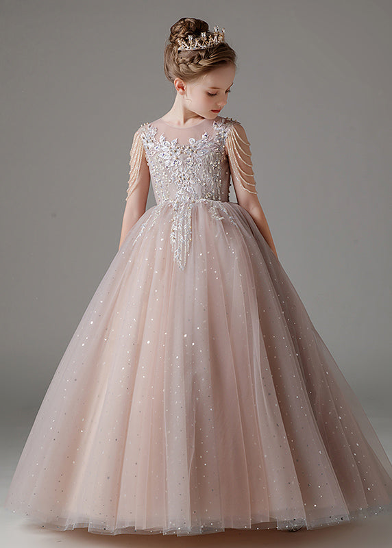 Robe longue rose élégante à col rond et paillettes en tulle pour enfant, sans manches, QV009