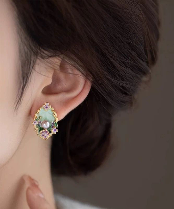 Stud Classy Pearl Overgild Floral Copper Earrings Rainbow