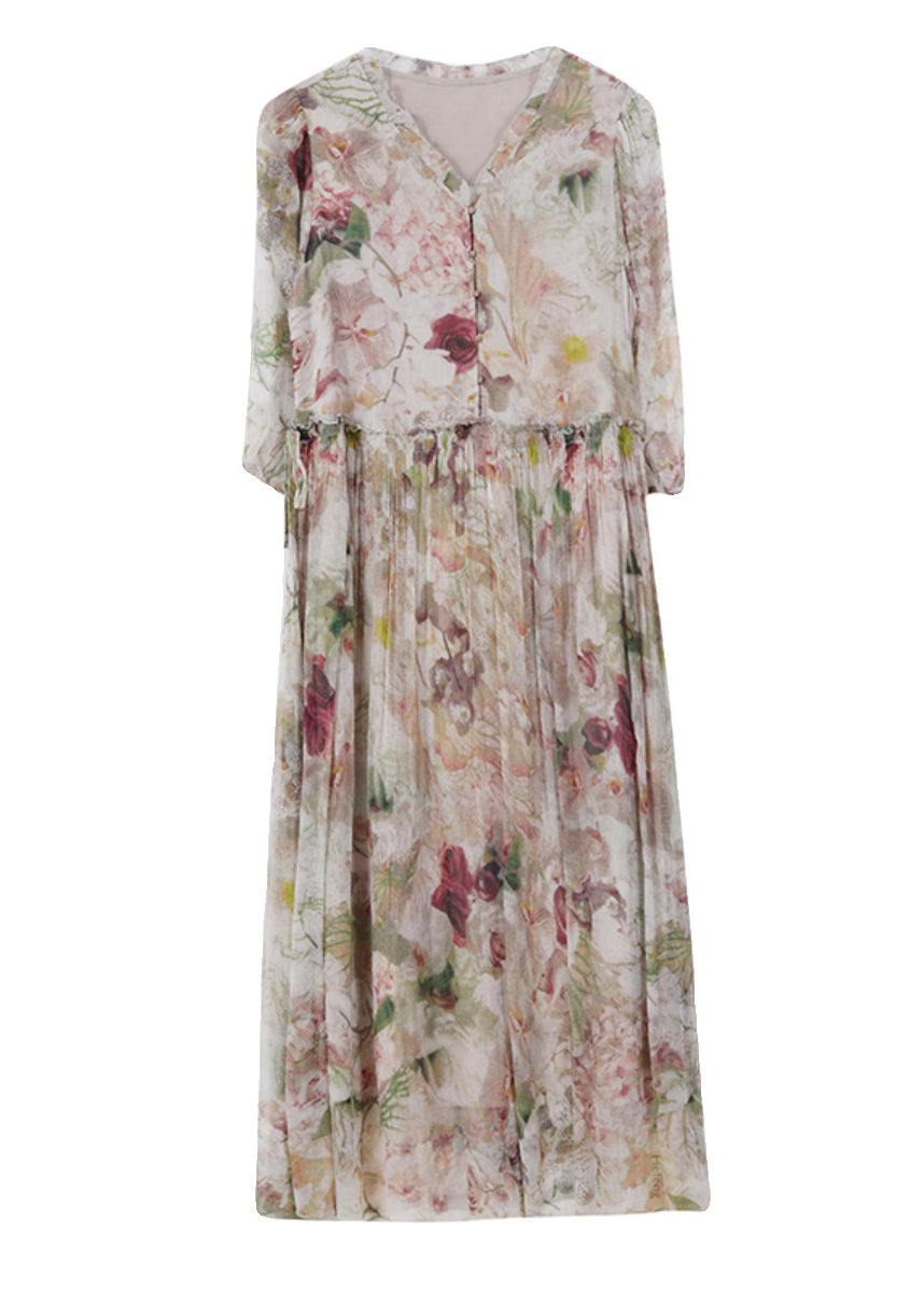 Edles V-Ausschnitt-Druck-Rüschen-Kordelzug-Seidenkleid Sommer BB030
