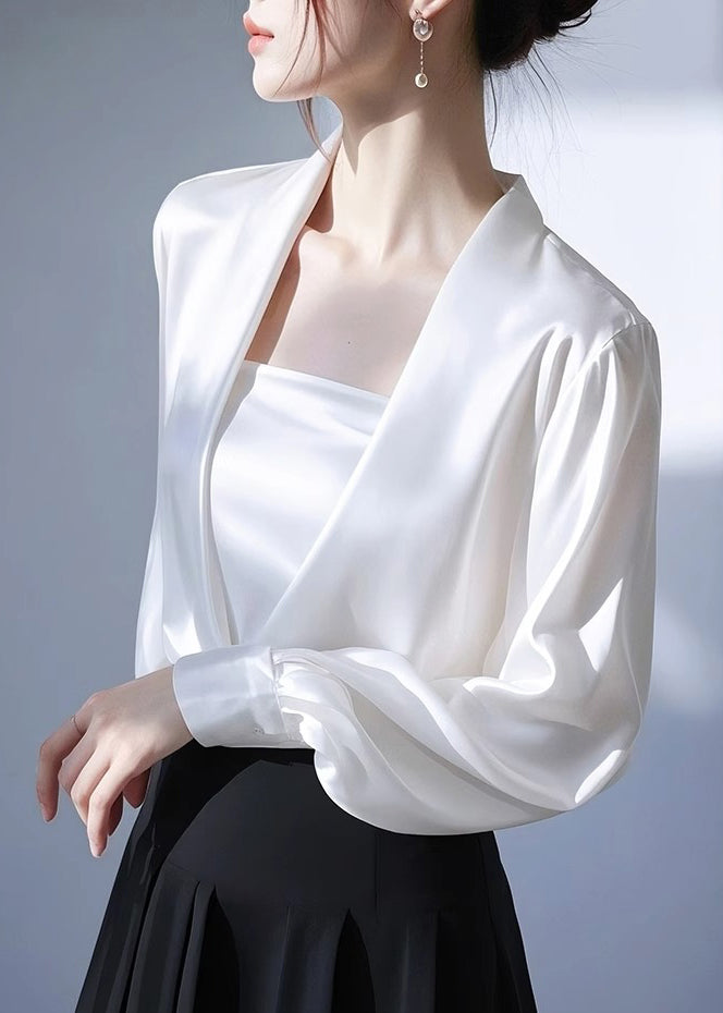 Neck Spring White V Shirt Satin Solid Classy