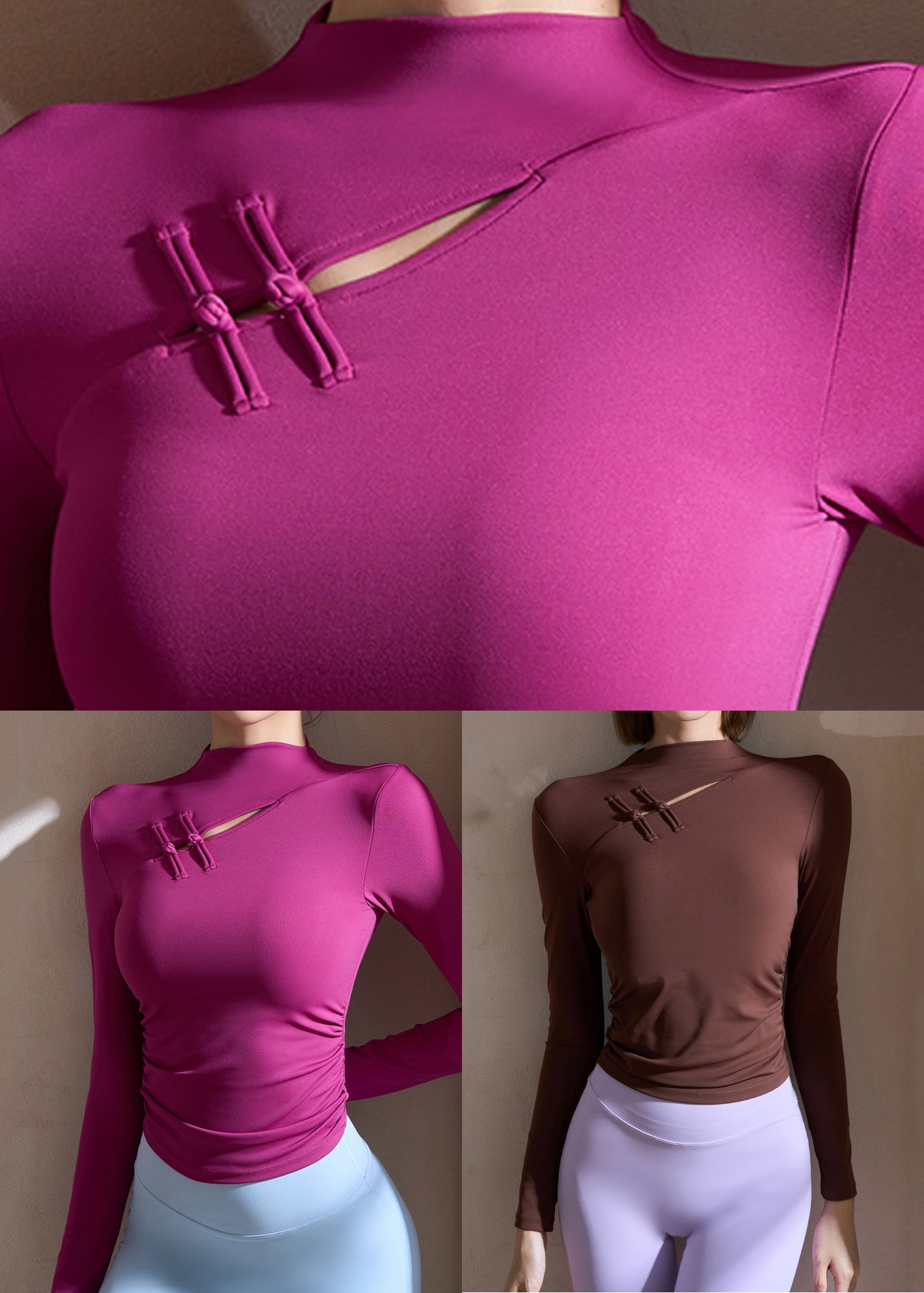 Out Patchwork Yoga Coffee Shirts Hollow Button