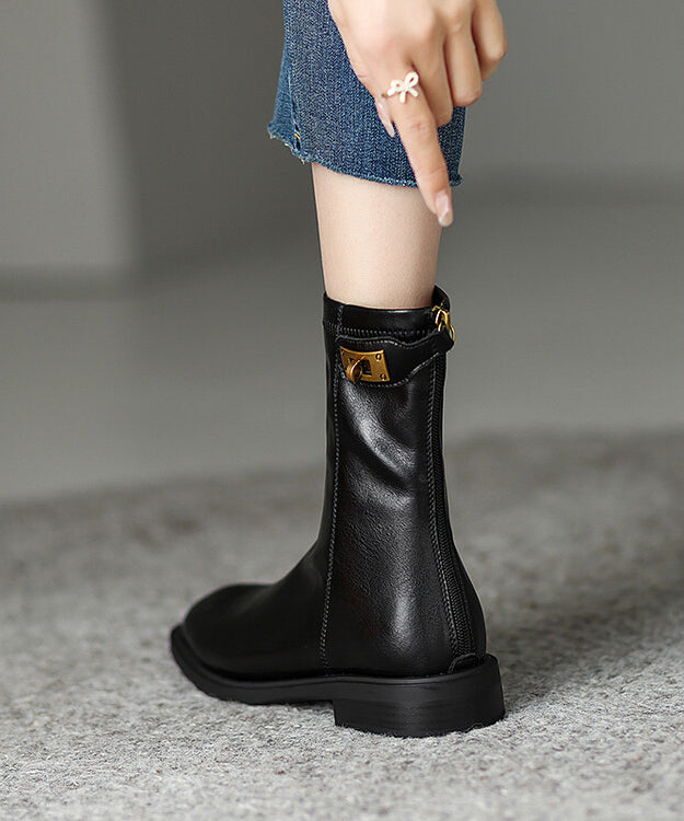 Bottes épaisses confortables en cuir de vachette noir OM024