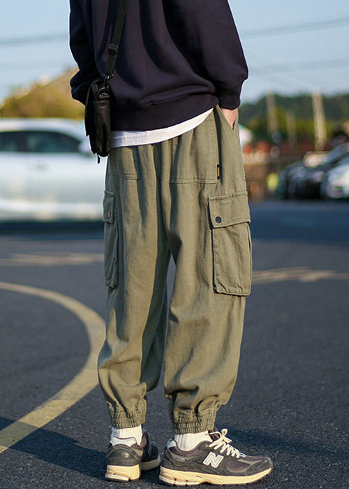 Pantalon polaire vert chaud et élastique à la taille pour homme, poches style armée