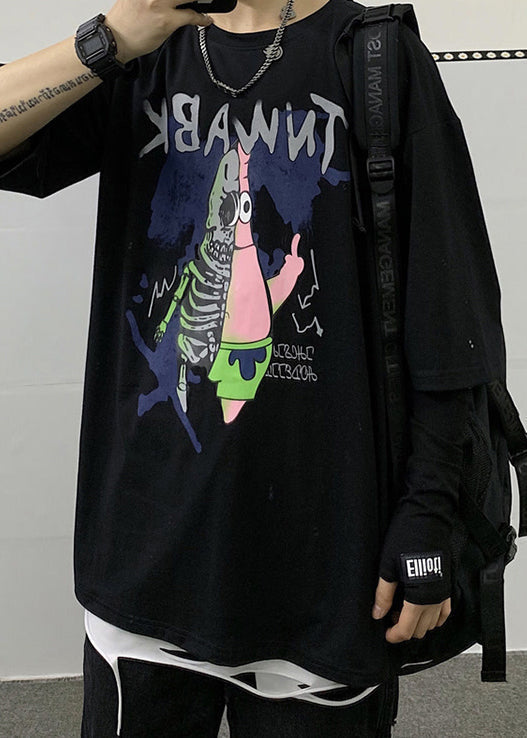 Half Cool Herren Schwarz Neck Print Baumwolle T Cartoon Ärmel Shirts O