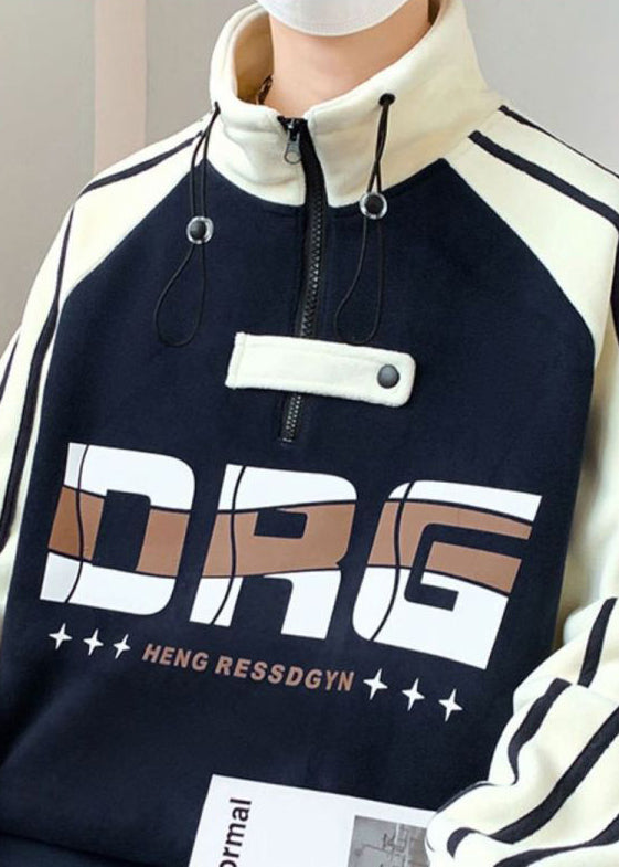 Cool Navy Hign Neck Zippered Patchwork Cotton Men Sweatshirts Herbst EQ015