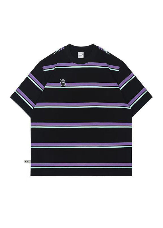 Cooles Lila O-Ausschnitt Gestreiftes Übergroßes Baumwoll-T-Shirt Herren Sommer QH002