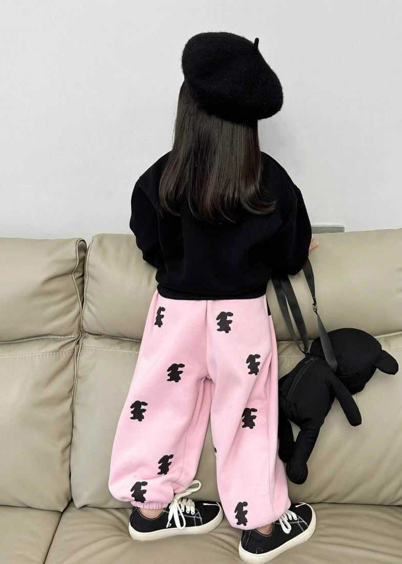Ensemble deux pièces pour fille, sweat-shirt noir et pantalon rose à imprimé animal, printemps TR003