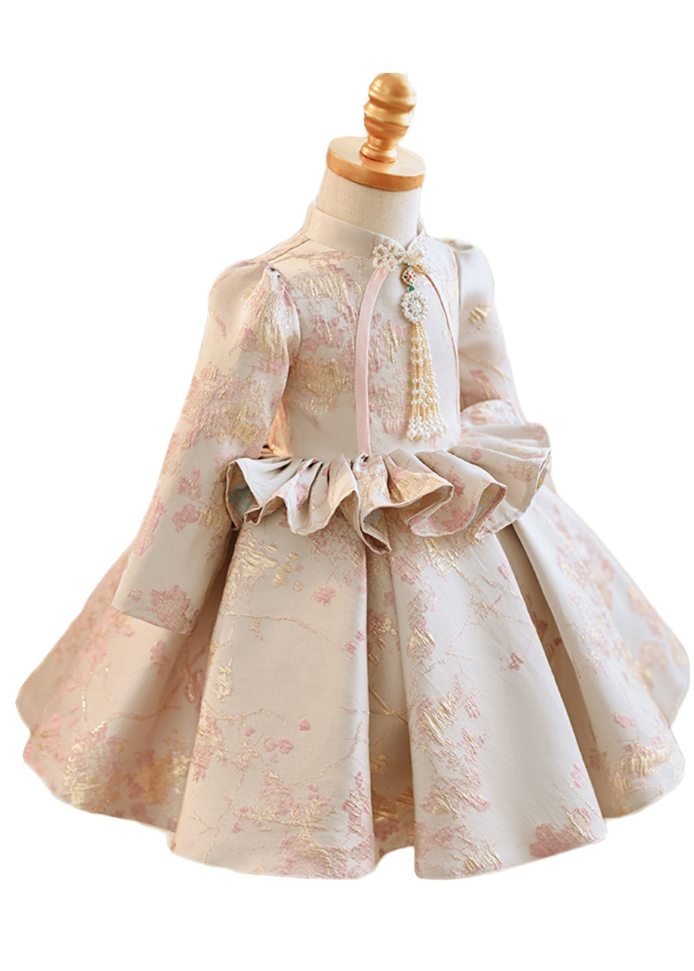 Süße Apricot Stehkragen Embroideried Ruffled Mädchen Maxi Kleider Frühling YG005