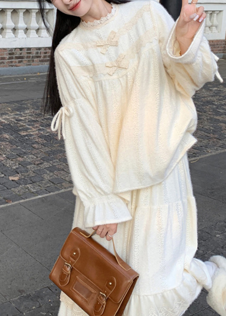 Süße Beige Spitze Patchwork Tops und Röcke Baumwolle Zwei Stücke Set Frühling YZ029