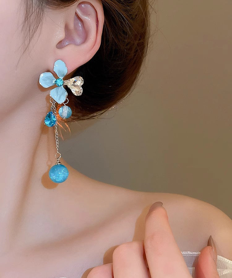 Blue Resin Silver Zircon Floral Drop Srerling Tassel Cute Alloy