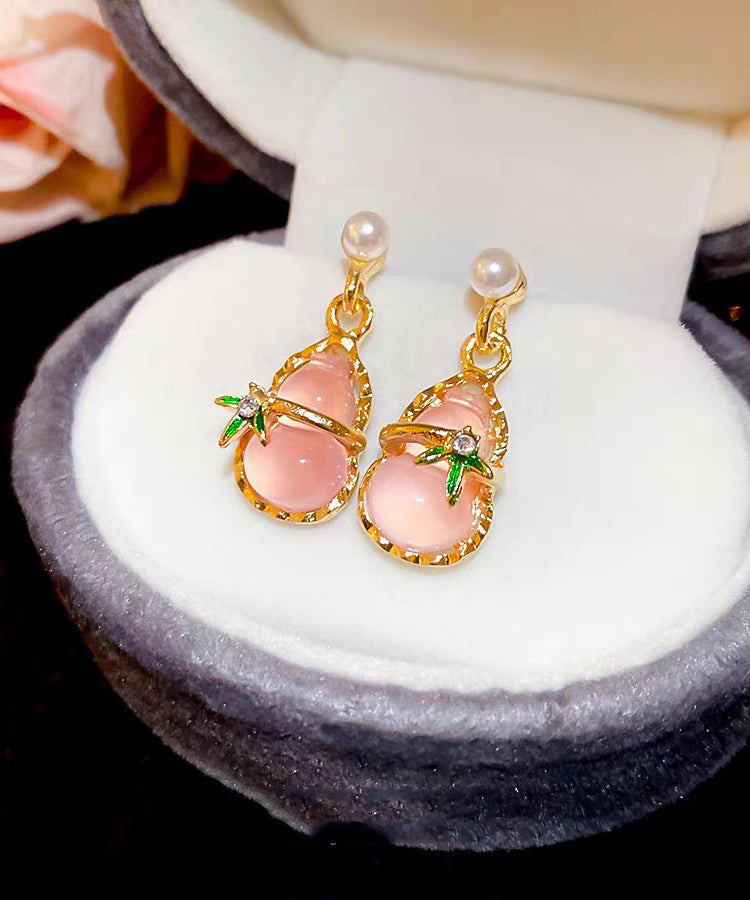 Alloy Pink Hollow Resin Out Earrings Drop Calabash Cute Zircon