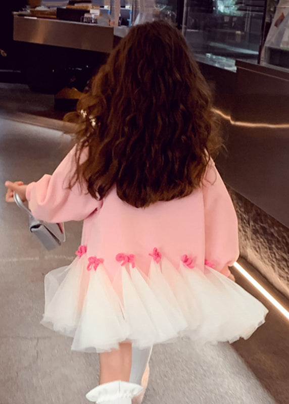 Süße rosa O-Ausschnitt Schleife Tüll Patchwork Mädchen Maxi Kleider Frühling TV030