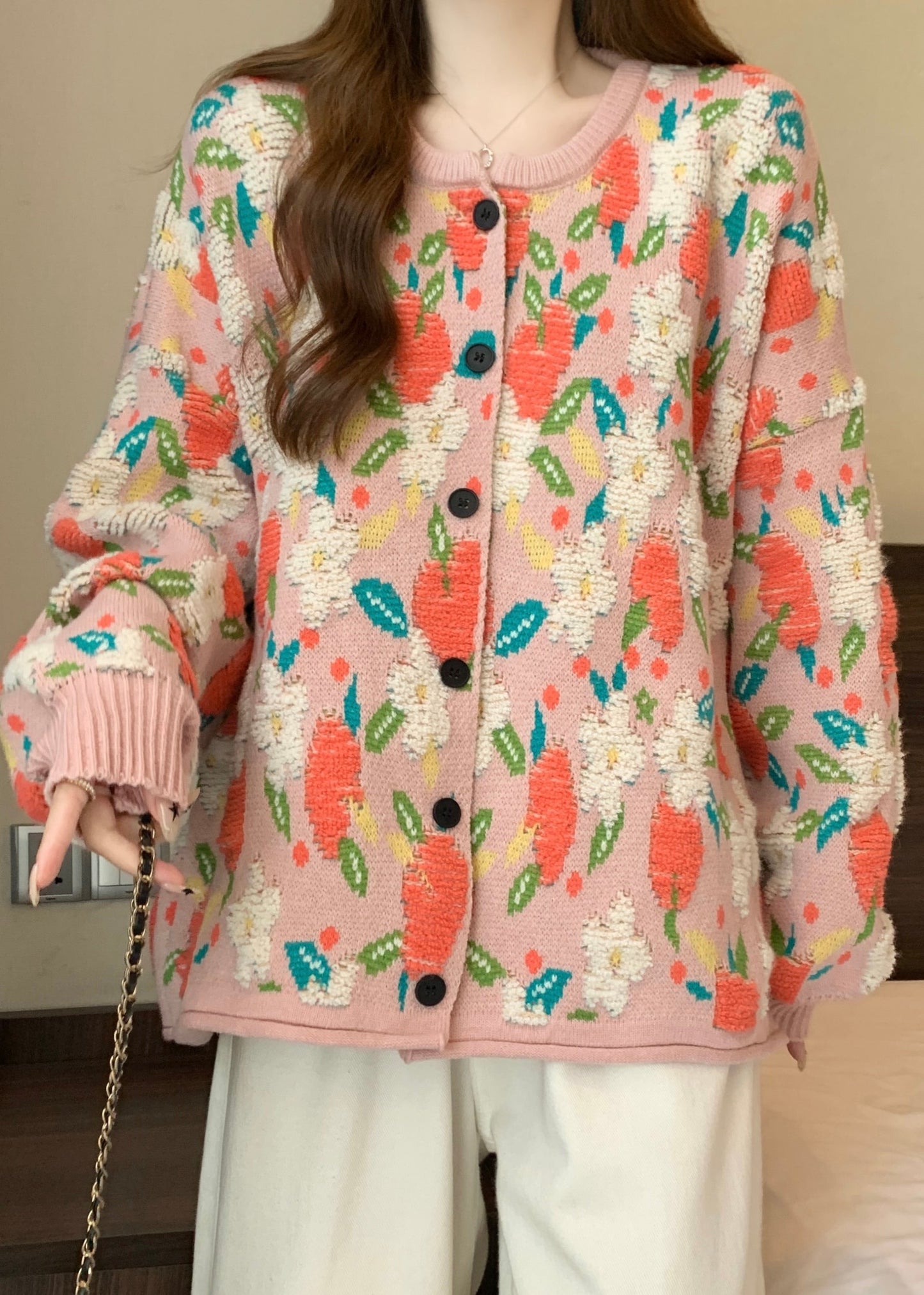 Manteau ample en tricot jacquard rose à col rond pour l'hiver RG028