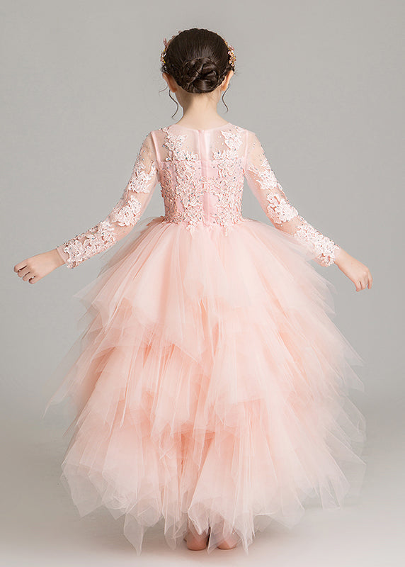 Süßes rosa O-Ausschnitt Low High Design Tüll Mädchen Maxikleid ärmellos RP032